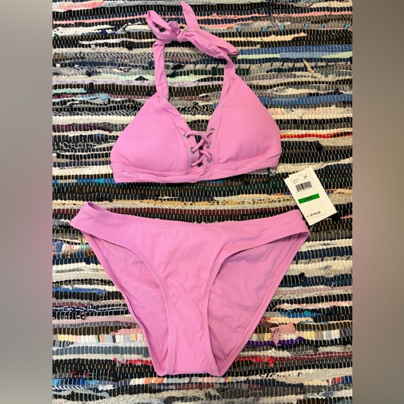 NWT Becca Ribbed Modern Edge Corset Set Hipster Bikini Large NWT Rtl $146 rosy - Picture 2 of 12